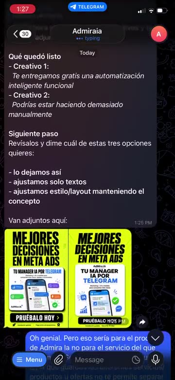 Creativos publicitarios de AdMira IA entregados dentro de Telegram