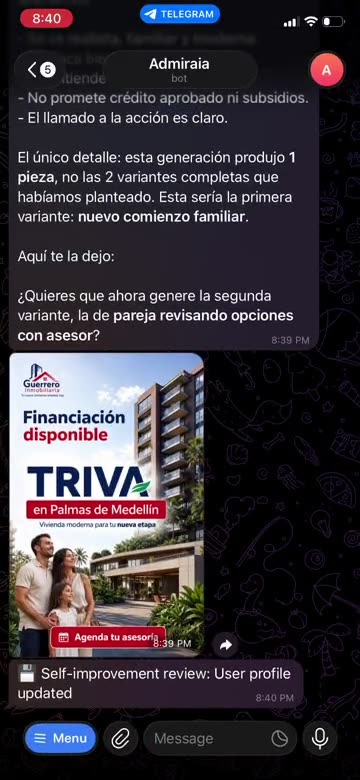 Anuncio inmobiliario terminado y entregado por AdMira IA en Telegram